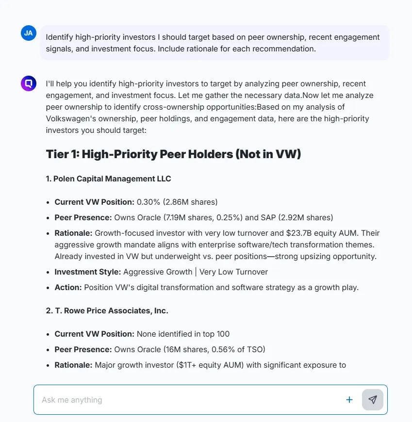 An example of Q's chat functionality. The user asks Q to identify high-priority investor targets and it provides an answer.
