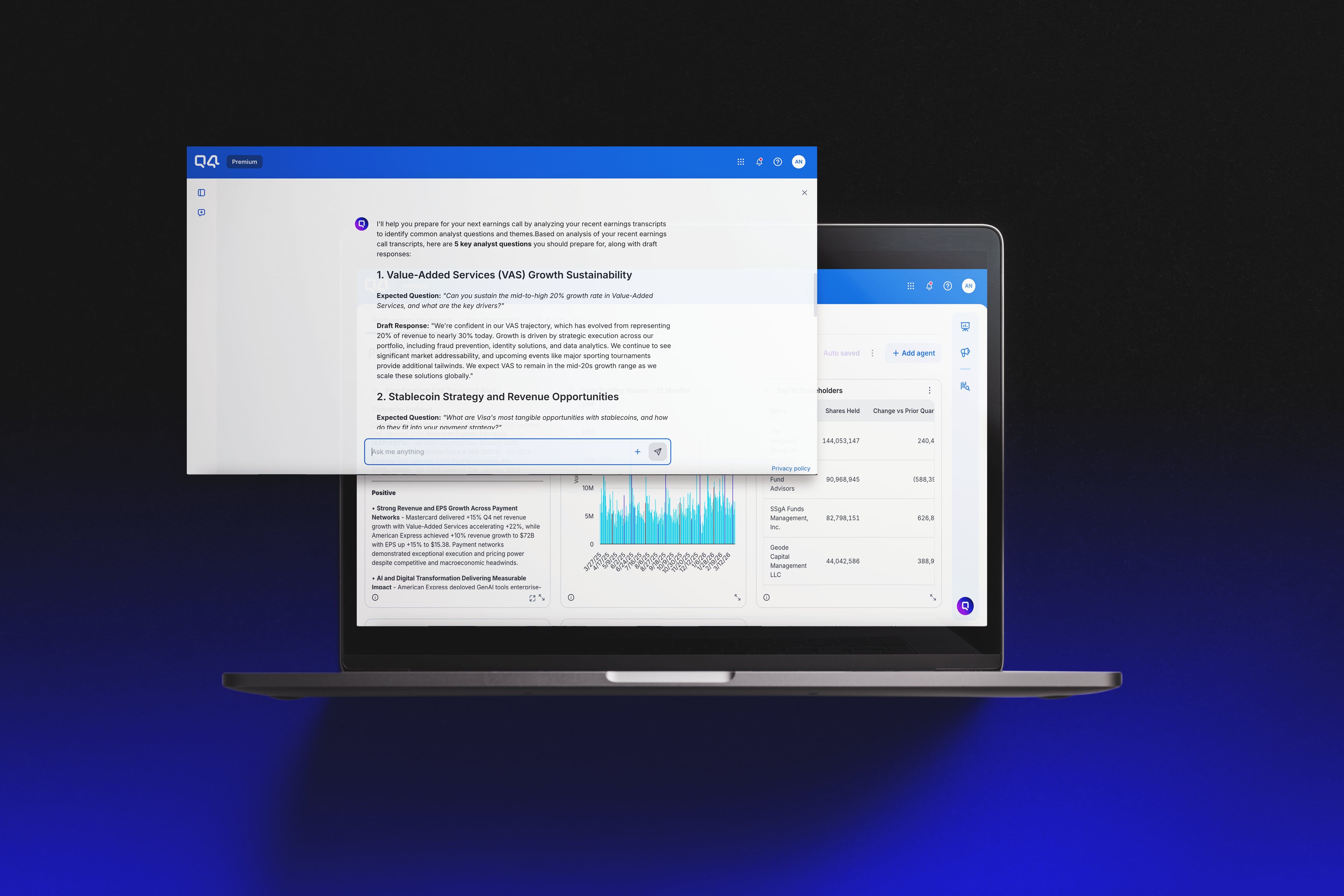 Laptops showing an example chat with Q4's AI agent, Q
