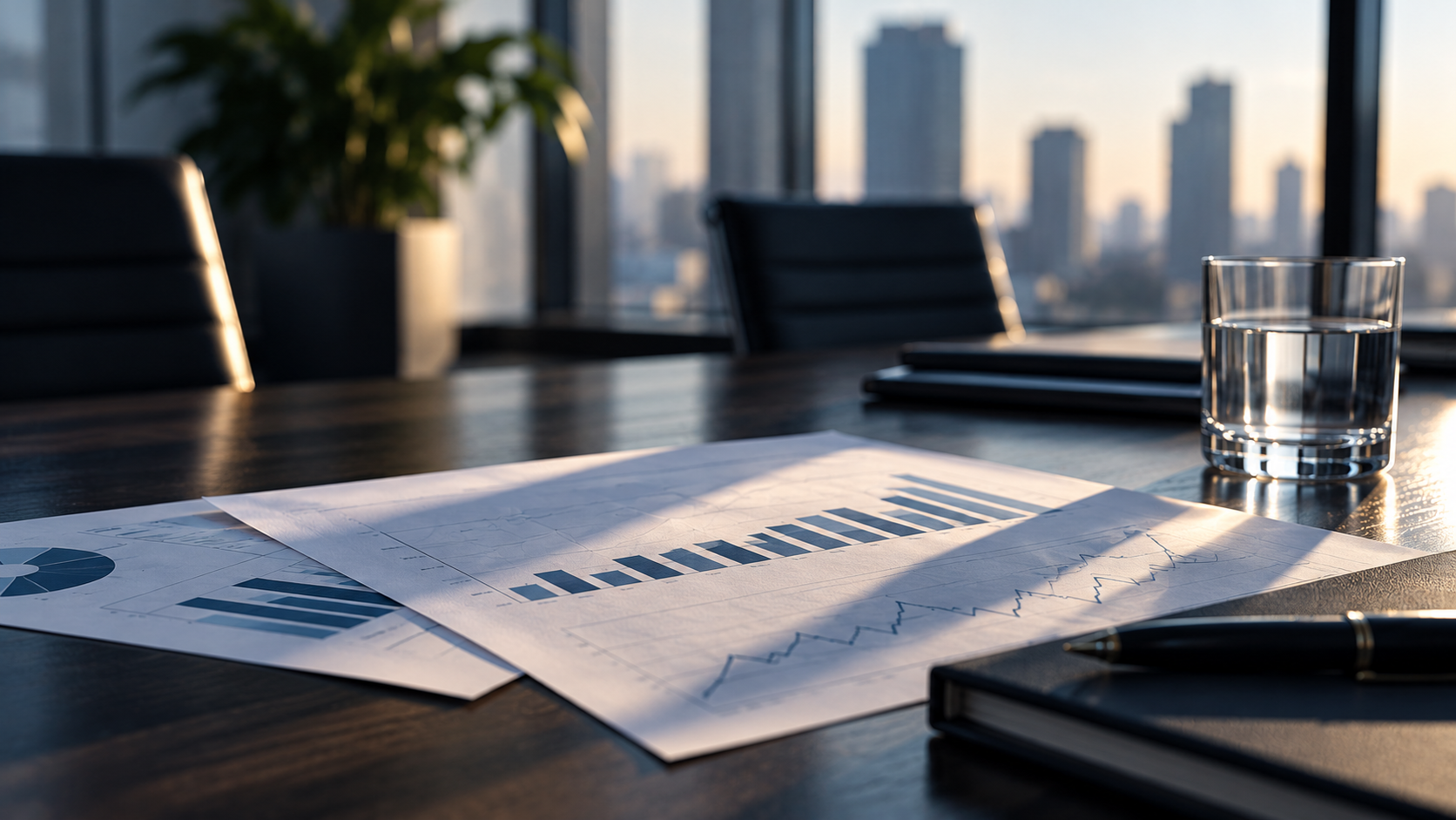 Financial reports with bar and line charts spread across a conference table in a modern office overlooking a city skyline.