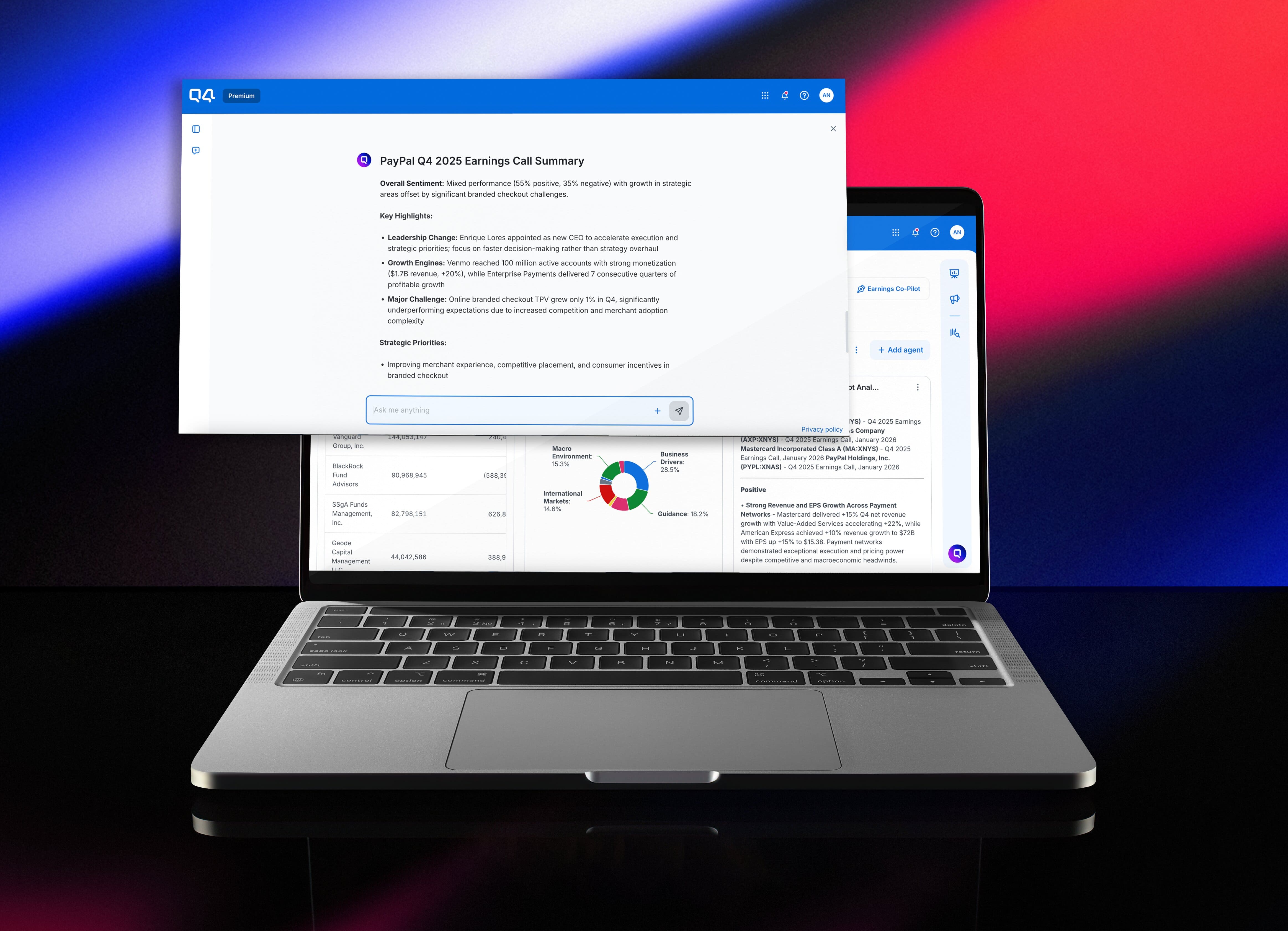 A laptop with a dashboard showing Top 10 Shareholders. A Pie char with different investors. 