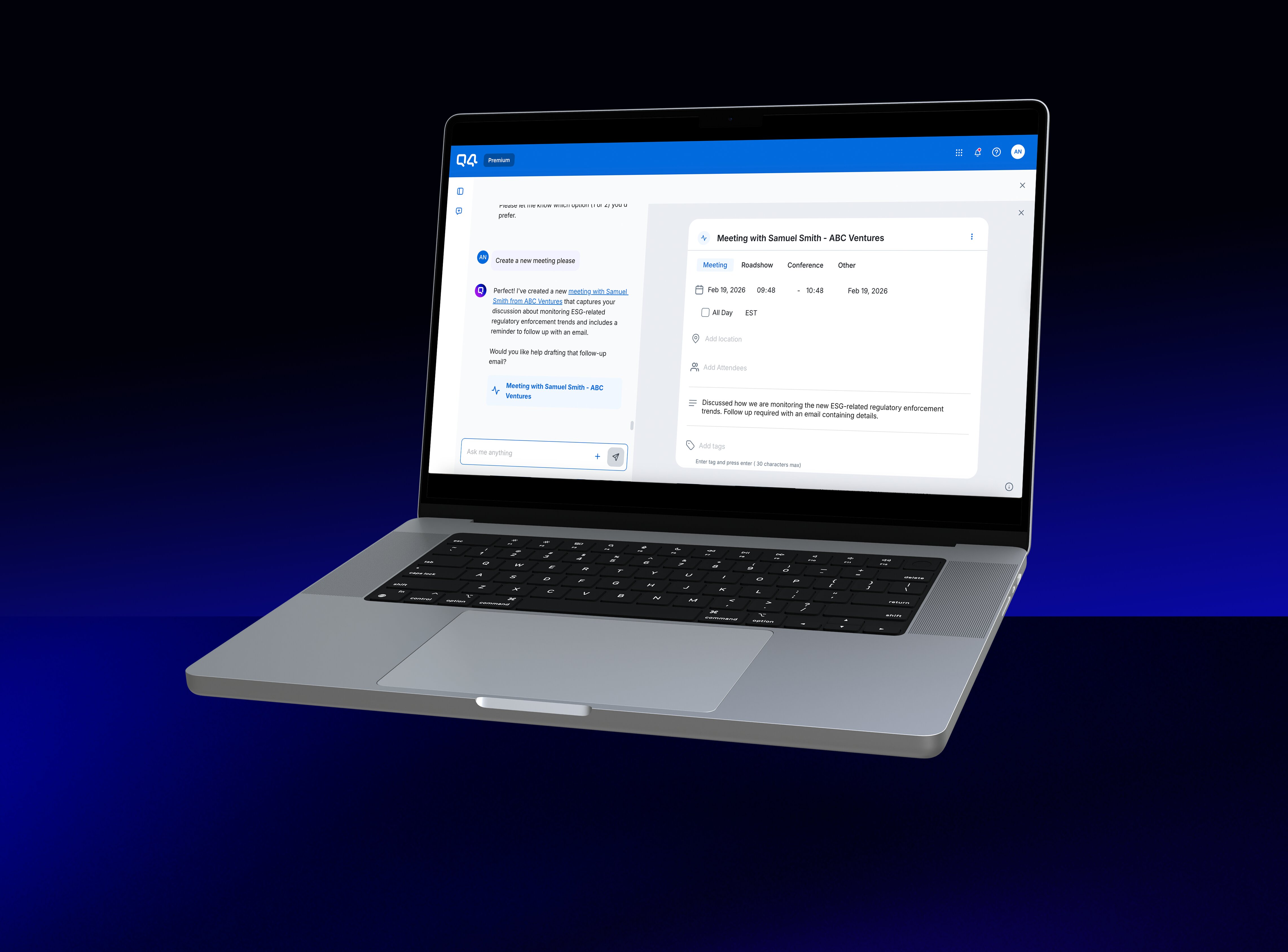 A laptop showing meeting information and Q chat